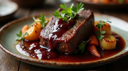 Succulent meatloaf topped with rich red sauce, garnished with fresh herbs, accompanied by roasted root vegetables on a rustic plate
