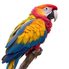 Fototapeta premium Stunning Scarlet Macaw Parrot Perched on Branch, Vibrant Red, Yellow, and Blue Feathers, Isolated on White Background.