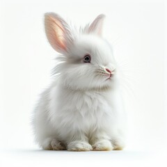 Obraz premium Adorable White Angora Rabbit Kit, Fluffy Bunny Sitting on White Background, Studio Shot of Pet Animal