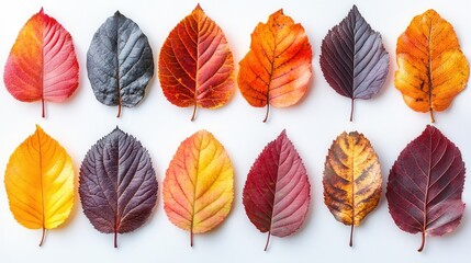 Vibrant Autumn Leaves Collection Flat Lay of Twelve Colorful Fall Foliage on White Background - Perfect for Seasonal Designs