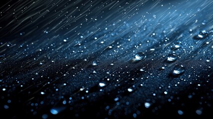 Realistic Depiction of Raindrops in Motion on a Dark Surface with Vibrant Highlights