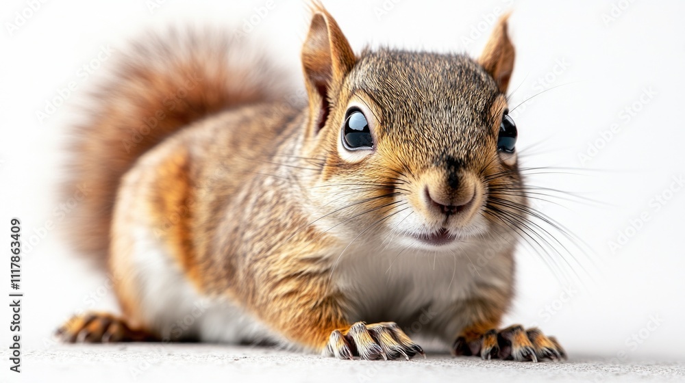 Poster a close-up image of a squirrel sitting on a white surface, showcasing its fur and facial features