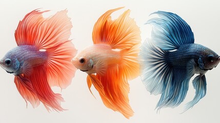 Fototapeta premium Three Vibrant Siamese Fighting Fish (Betta Splendens) in Red, Orange, and Blue Stunning Close-Up Stock Photo