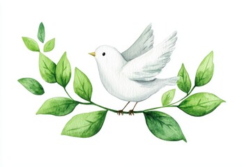 Obraz premium White Bird with Green Leaves Watercolor Illustration for Nature Theme