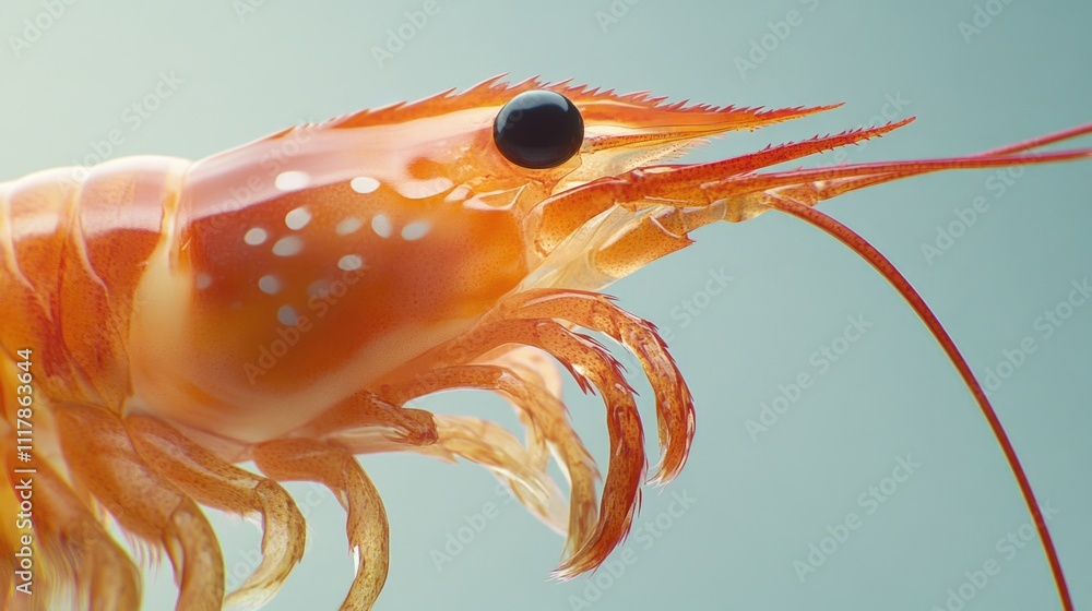 Poster a close-up shot of a single shrimp sitting on a blue background, suitable for use in food or nature-