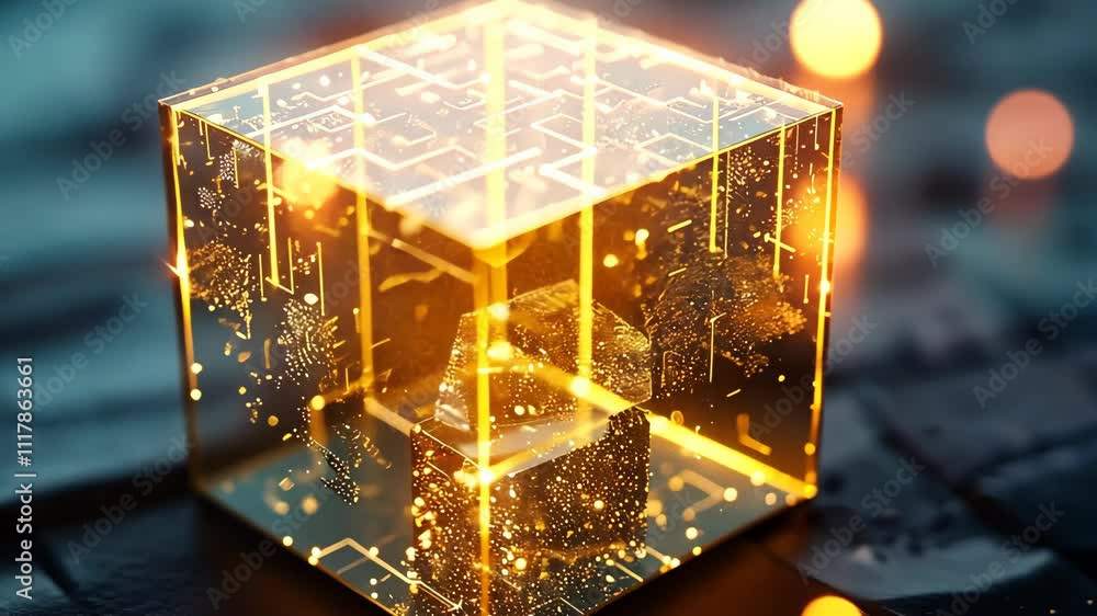 Poster futuristic transparent cube with glowing lines and particles on abstract background