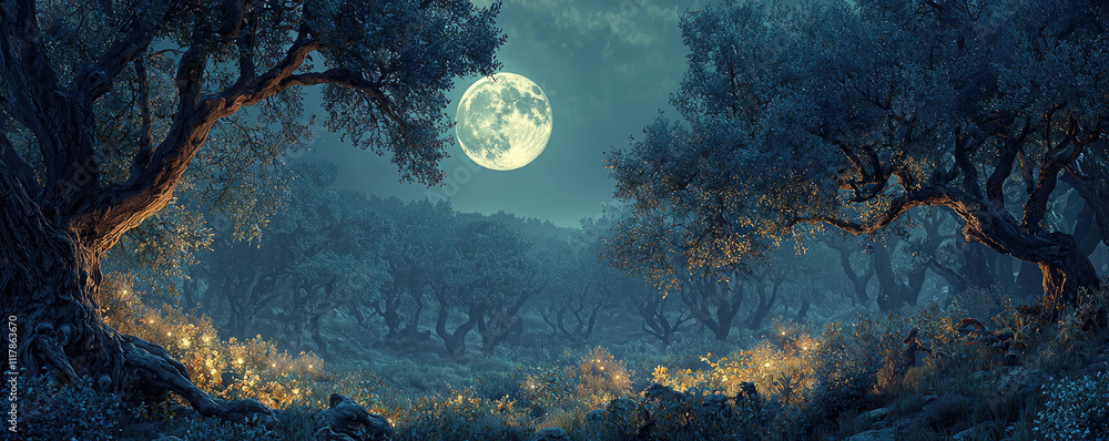 Aufkleber a serene moonlit forest scene illuminated by soft light and surrounded by ancient trees.