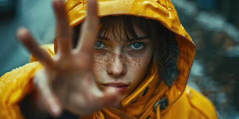 Obraz premium A person holding up the peace sign gesture while wearing a bright yellow raincoat, possibly used for protest or social media imagery