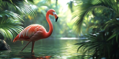 Fototapeta premium A vibrant flamingo stands gracefully in a lush, tropical setting by the water.