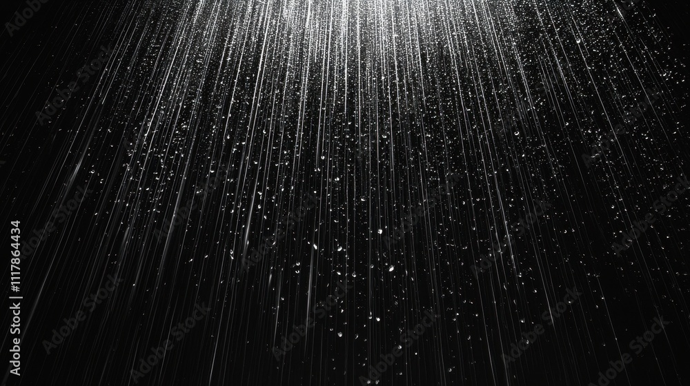 Poster abstract rain streams in precise detail with luminous water droplets on a dark background