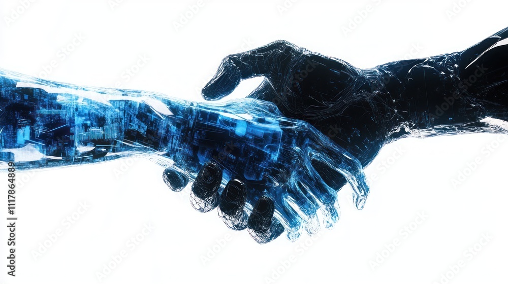 Aufkleber here's a and keyword list for your image.. human and robotic hands shaking, symbolizing collaboratio