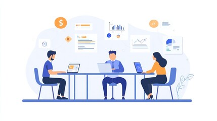 Here's a  and keyword list for your stock photo.. Team analyzing data on laptops at meeting table.