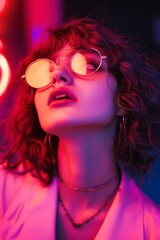 Obraz premium Stylish woman with round sunglasses posing under colorful neon lights, creating a vibrant and fashionable atmosphere, vertical
