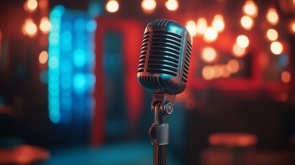 Vintage microphone on stand in dimly lit bar.