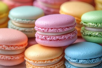 Fototapeta premium Close-up of Colorful Macarons Pastel-Colored French Macaron Cookies, Delicious Dessert, Sweet Treat Photography