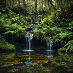 Fototapeta premium A hidden waterfall cascading into a crystal-clear pool, surrounded by lush, vibrant ferns and moss.