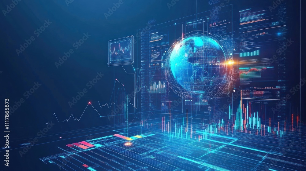 Poster global network data visualization with holographic earth, charts, and graphs displayed on digital sc