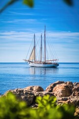 Fototapeta premium A sailboat sailing through calm waters of the open ocean, perfect for use as a background or in travel and adventure scenes