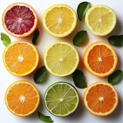 Obraz premium Vibrant Citrus Fruit Slices Ornage, Lemon, Lime, Blood Orange Flat Lay Photography - Fresh Juicy Summer Fruit Background