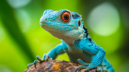 Fototapeta premium striking blue lizard close-up, turquoise lizard on branch