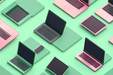 Isometric Pattern of Laptops and Phones with Green and Pink Theme. AI generated illustration