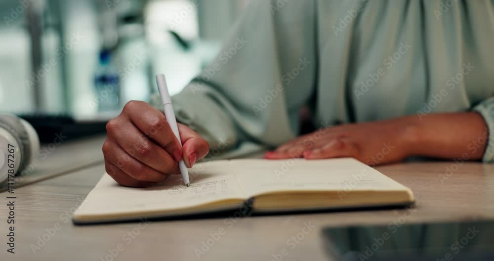 Poster writing, notebook and hands of business woman in office for schedule, planning and reminder. to do l