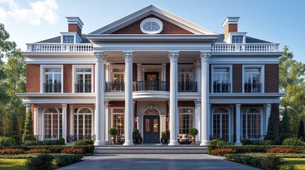 Obraz premium Majestic Georgian-Style Mansion Luxury Brick Home Exterior with Columns, Balcony, and Landscaped Gardens