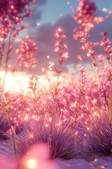 Obraz premium A vibrant field of pink flowers illuminated by soft sunlight, creating a dreamy, ethereal atmosphere.