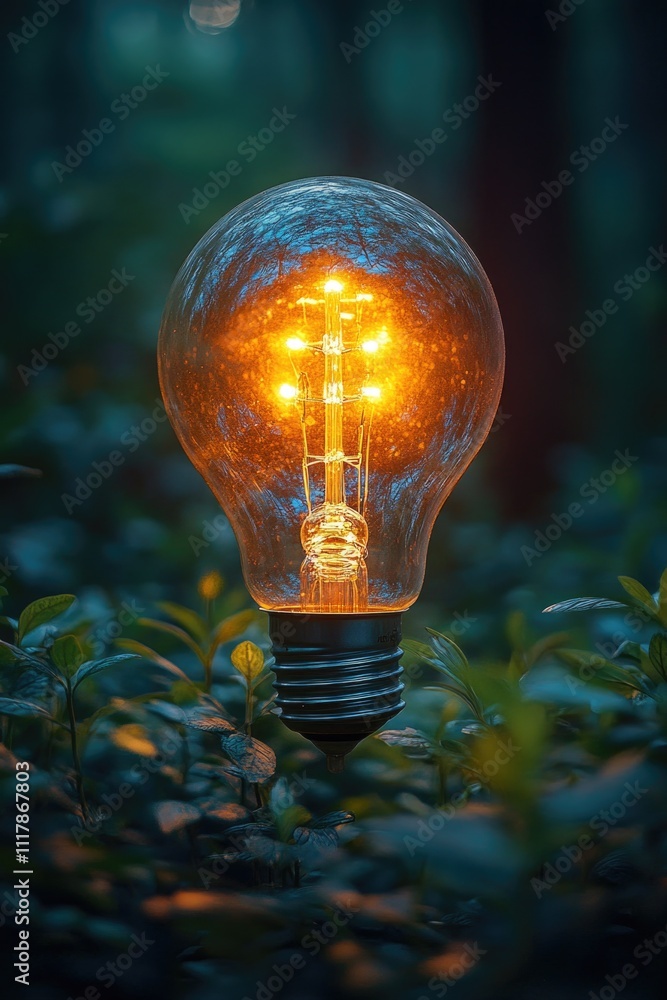 Poster a lone light bulb sits amidst the trees in a dense forest, providing a small ray of light in the dar