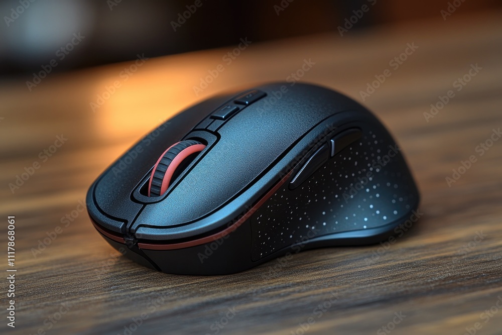 Poster a computer mouse sitting on a wooden desk or table, ready for use