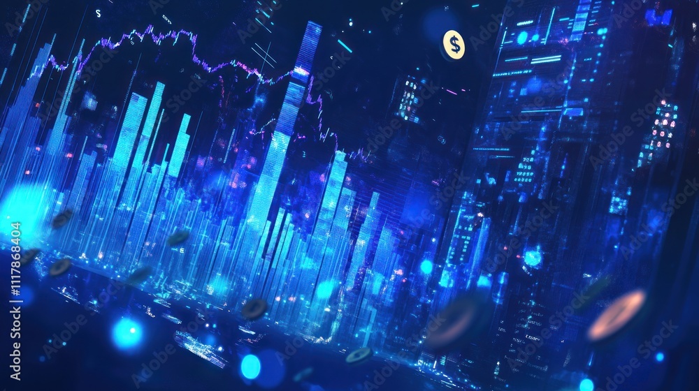 Poster here's a description and keywords for your image.. futuristic cityscape reflecting financial data, g