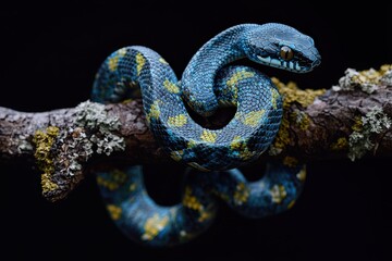 Fototapeta premium Jungle Predator: Black and Yellow Pit Viper Coiled and Ready to Strike in Stunning Detail