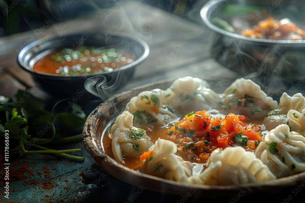 Poster A warm and inviting meal setting with a bowl of dumplings and a bowl of soup on a table