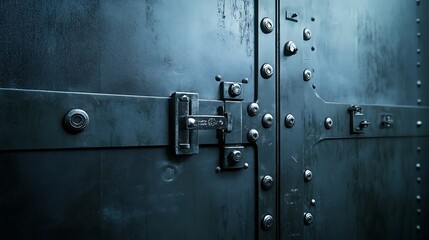 A close-up view of a heavy metal door with a lock and rivets, suggesting security or storage.
