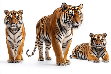 Majestic Trio of Bengal Tigers Powerful, Poised, and Striking White Background Stock Photo