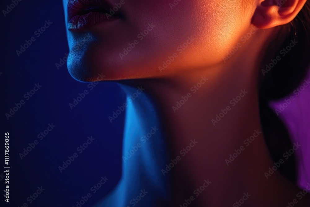 Poster close-up portrait of a woman with a calm expression against a blue background, suitable for use in p