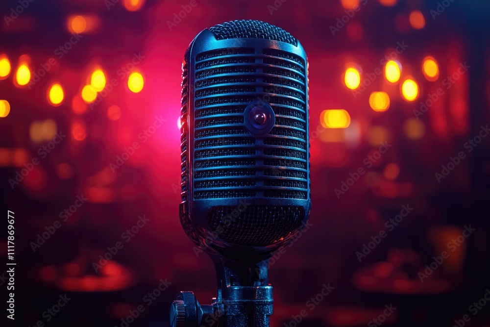 Poster A close-up shot of a microphone with a red light in the background, suitable for use in music or audio-related contexts