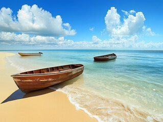 Naklejka premium Tropical beach with fishing boats, Serene sandy beach and calm ocean