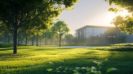 Fototapeta premium A serene landscape featuring lush greenery and a modern building illuminated by sunlight.