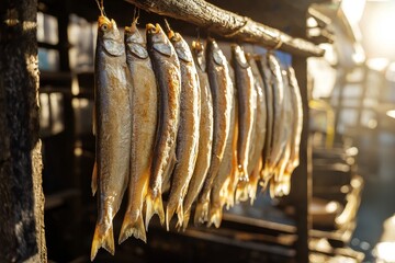 Dried fish hanging in sunlight, showcasing traditional preservation methods by local fishermen.