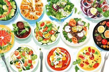 A vibrant assortment of colorful salads and dishes, showcasing fresh ingredients and a variety of flavors.