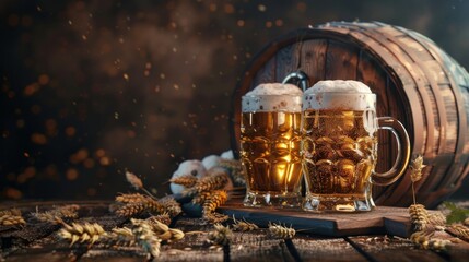 Frothy beer glasses on a wooden table with beer barrels in the background.