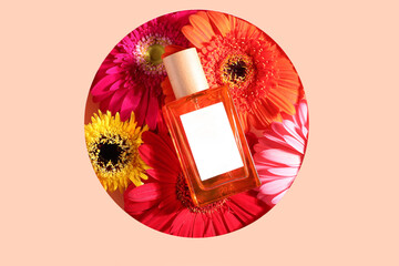 Perfume bottle mock up on gerbera flowers background