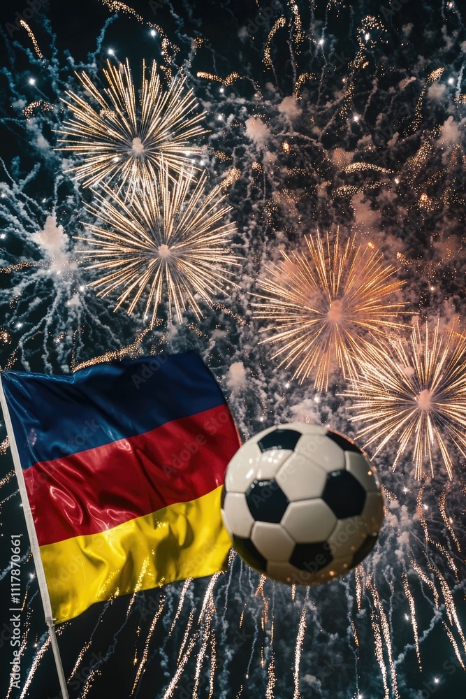 Poster A soccer ball sits next to a flag, with colorful fireworks exploding in the background