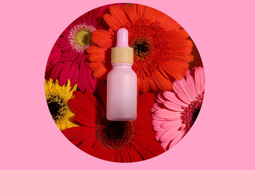 Cosmetic bottles mockup, beauty skin care containers on gerbera flowers background