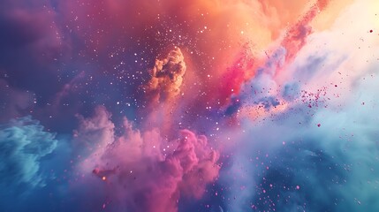 Fototapeta premium Abstract splatter of vibrant colors with shades of pink, blue, and gold blending in a dynamic, glowing, cosmic effect.