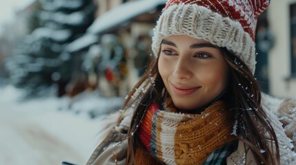 A woman holds her phone while wearing a hat and scarf, great for use in stories about fashion, technology, or daily life