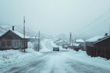 Snow-Covered Village Road with Parked Car and Fog. AI generated illustration