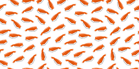 Fototapeta premium Sushi seamless pattern background. Nigiri with rice balls and salmon raw fish. Japanese food wallpaper Vector ilustration