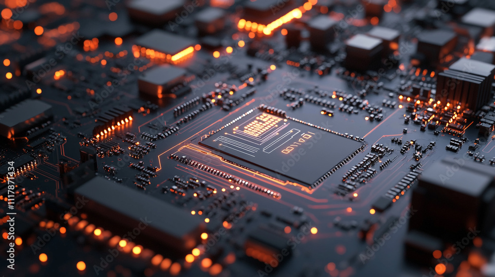 Poster close-up view of a circuit board with illuminated components and intricate design